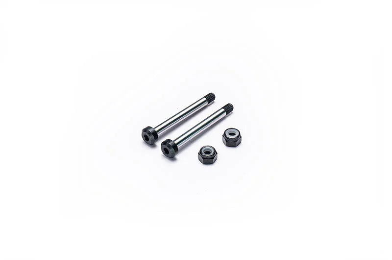 Pair of RC car axle shafts with nuts on white background for hobby model upgrades