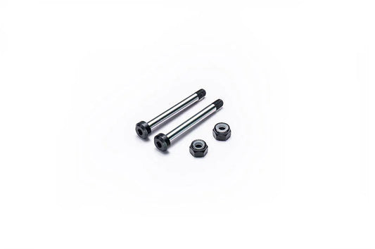 Pair of RC car axle shafts with nuts on white background for hobby model upgrades