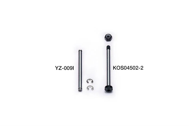 RC car metal axle set with pins, locknuts, and e-clips on white background, labeled YZ-009I and KOS04502-2