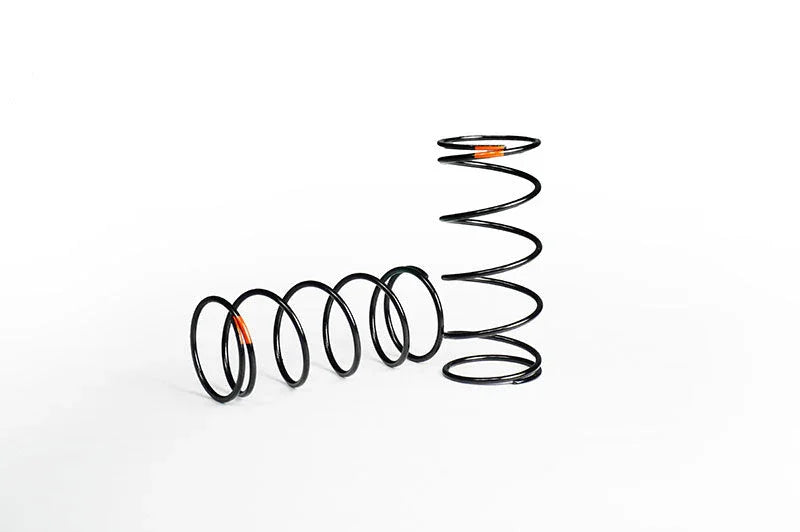 Two black RC car coil springs with orange markings on a white background.
