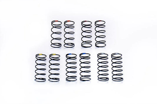 Set of ten black RC car shock springs with colored markings on a white background