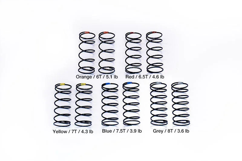 Set of nine RC shock springs, color-coded and labeled with tension ratings