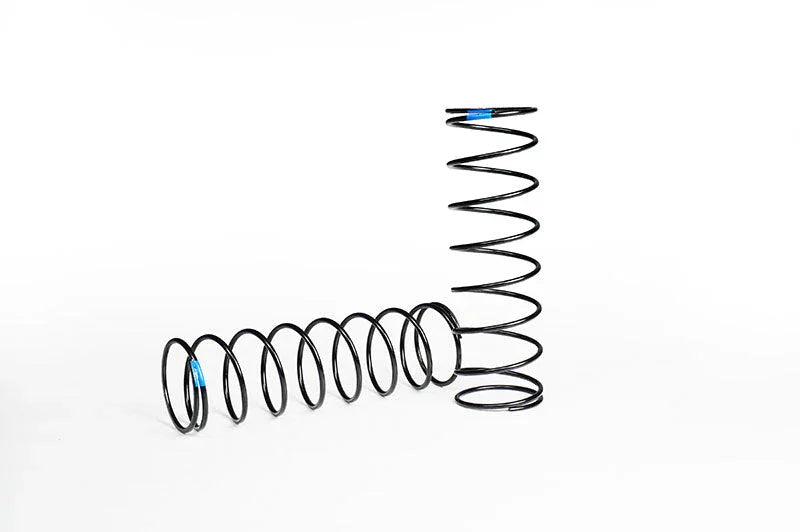 Two black RC car coil springs with blue markings on a white background