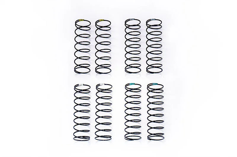 Set of eight black RC shock springs with colored markings for remote control car suspension