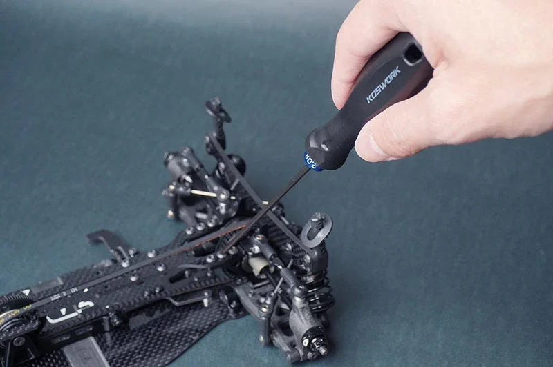 Koswork RC tool H20B used on RC car chassis, black handle, blue trim, KOS13204.