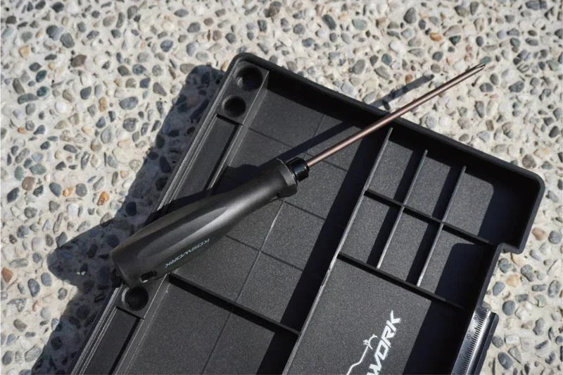 Koswork RC car tool, black handled reamer, on black pit parts tray, product code KOS13204