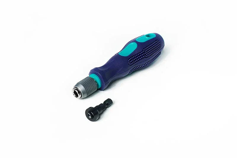 RC tool handle with ergonomic blue and teal grip and detachable metal part on white background
