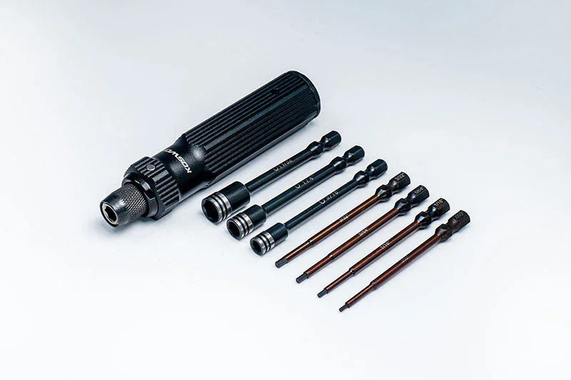 RC multi-bit screwdriver tool set with black handle and seven interchangeable tips