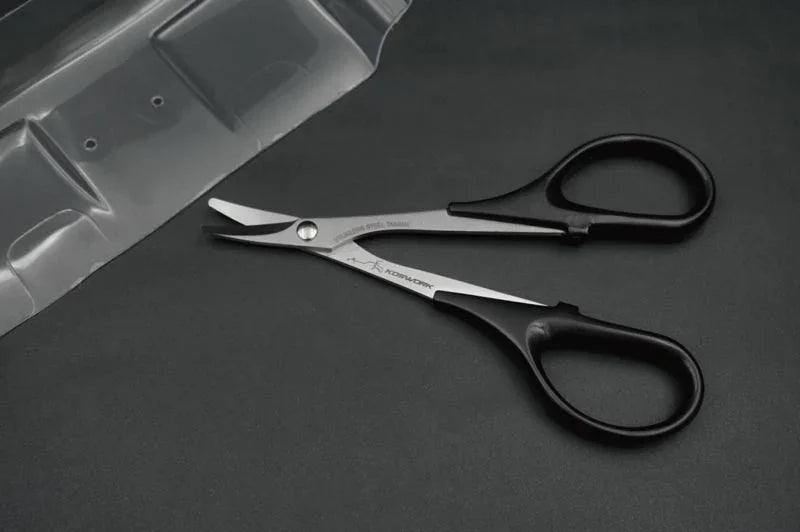 Koswork RC curved scissors KOS13221-5, stainless steel with black handles, for RC car bodies