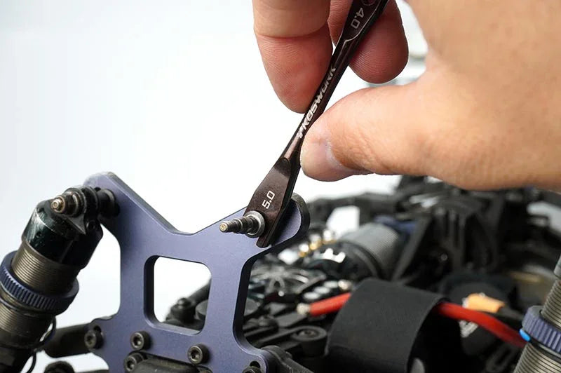 Koswork 5.0 RC car wrench tool used on shock tower, black metal, precision accessory