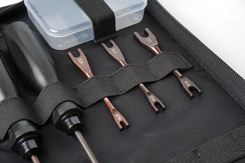 Koswork RC tool bag with labeled wrenches, screwdrivers, and storage box, black fabric