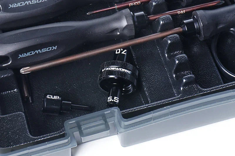 Koswork RC tool kit with screwdrivers, nut driver, cup adaptor, black plastic case Kos13269-5