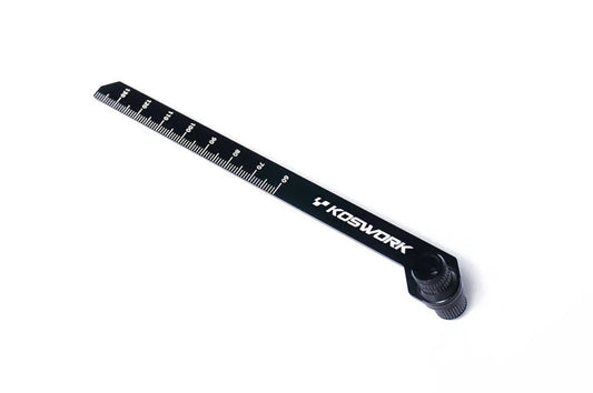 Aluminum RC ride height gauge with scale markings and Koswork logo on white background.