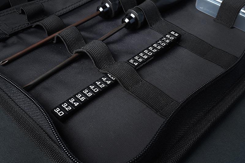 Koswork black RC tool bag interior with labeled slots, holds RC car accessories, KOS13351-5.