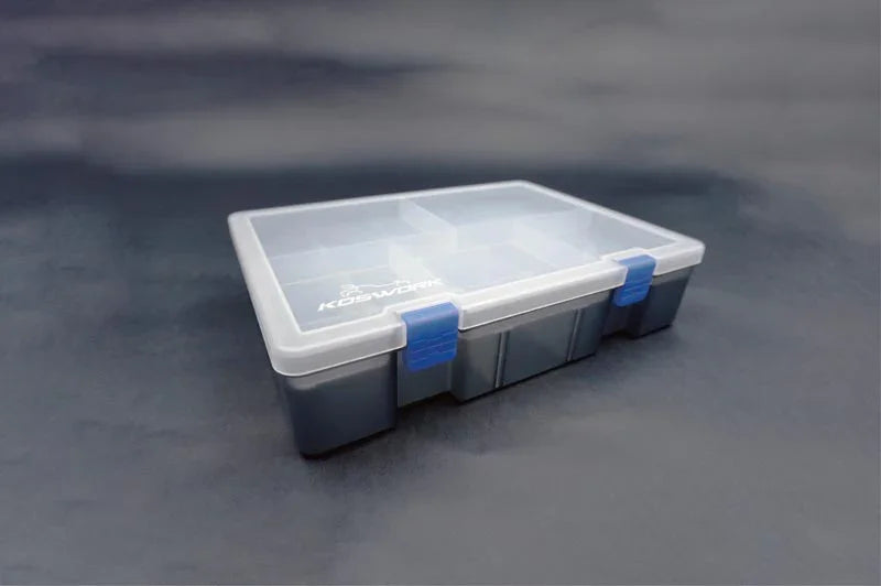 Koswork RC parts storage box KOS32110-01, clear lid, blue latches, plastic organizer case.