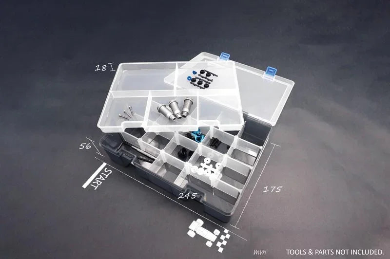 Koswork KOS32110-04 clear plastic RC parts organizer box with divided compartments and blue latches