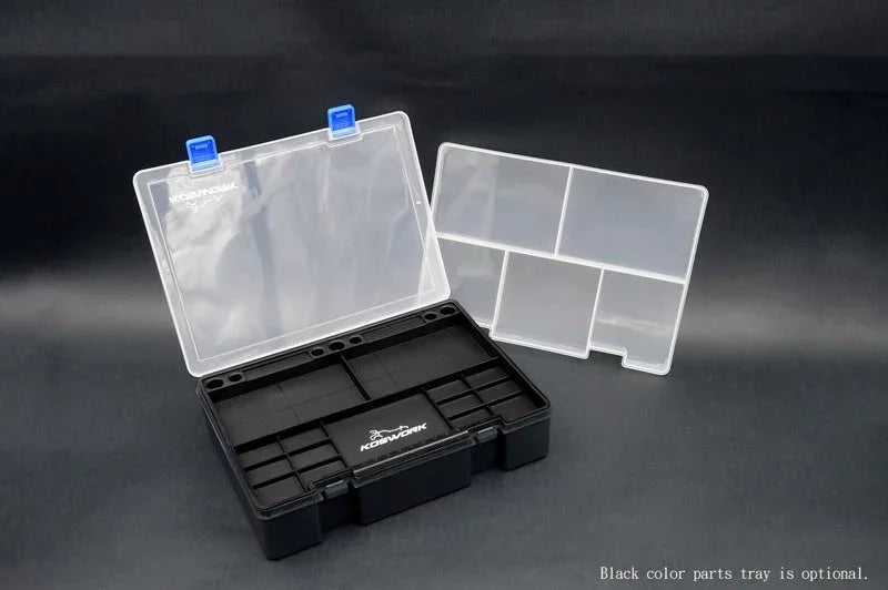 Koswork RC car parts storage box KOS32110-14, clear plastic lid, black tray, compartments