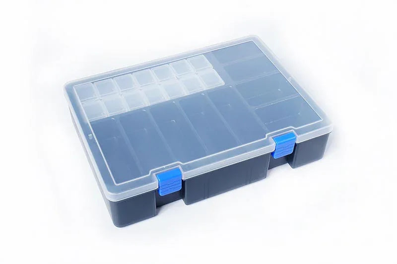 Plastic RC parts organizer box with locking blue clips and multiple compartments