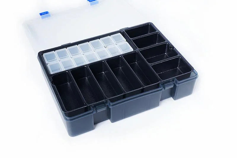 Plastic RC parts organizer storage box with multiple adjustable compartments, open lid