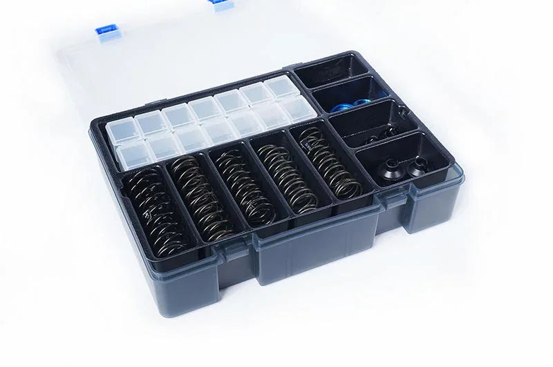 RC car parts organizer box with springs and compartments for hobby accessories