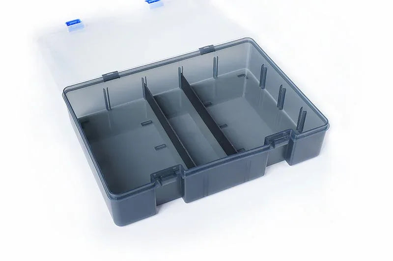 Empty plastic RC parts organizer box with adjustable compartments and clear lid