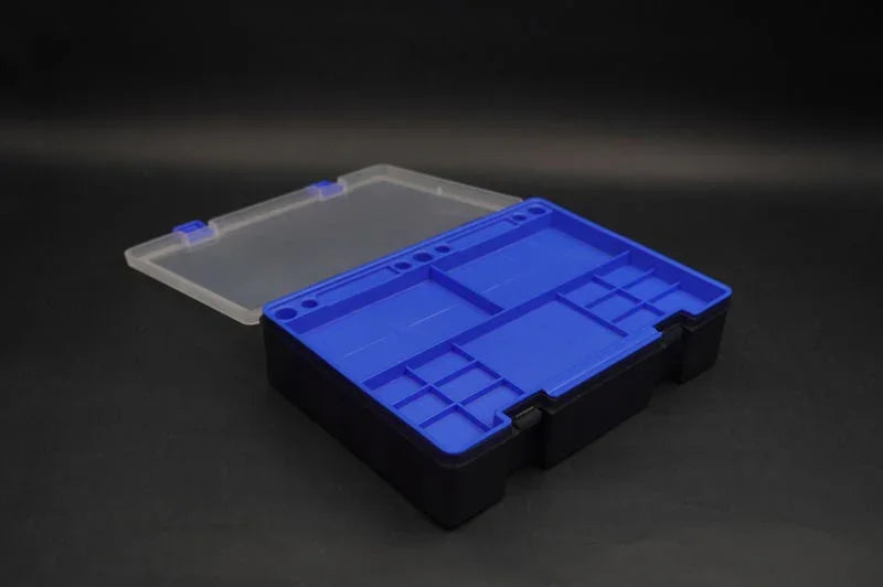Koswork KOS32111-3B blue and black RC parts organizer box with clear lid, medium size plastic case