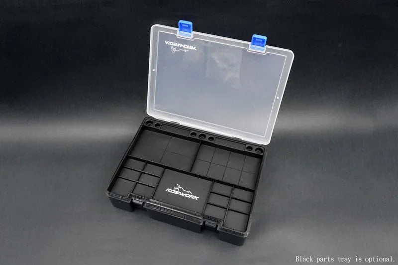Koswork KOS32111 RC parts organizer, black plastic storage box with clear lid and blue latches.