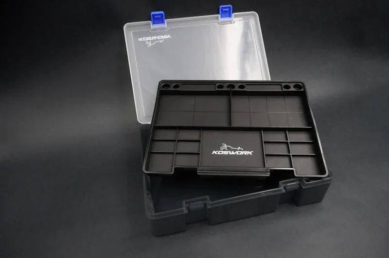 Koswork KOS32112 RC car pit box, black plastic organizer with clear lid and compartments