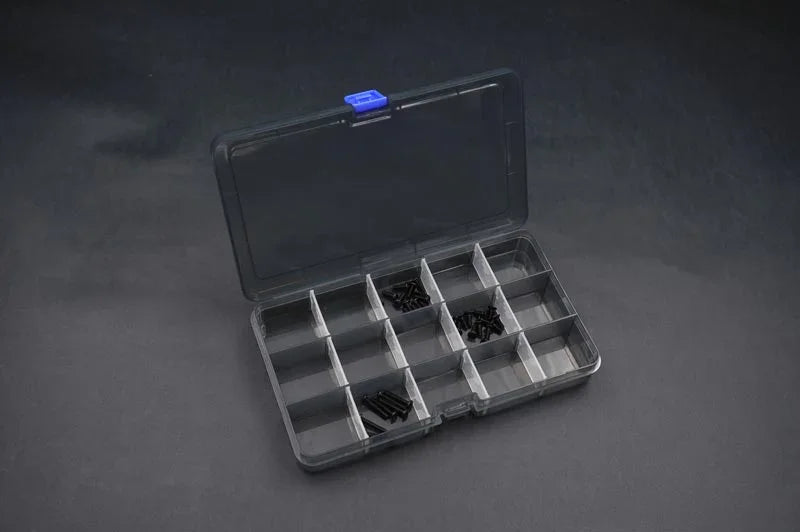 Koswork RC accessory storage box KOS32115, clear plastic with 12 compartments and black screws.
