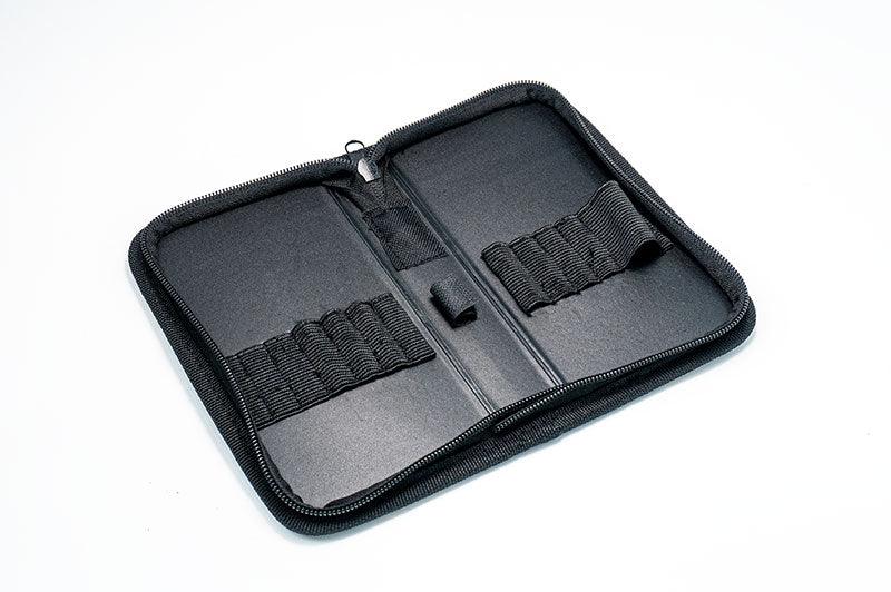 Black zippered RC tool case with elastic straps, open on a white background