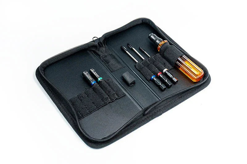 RC tool kit in black zippered case with screwdrivers, tools, and accessory slots