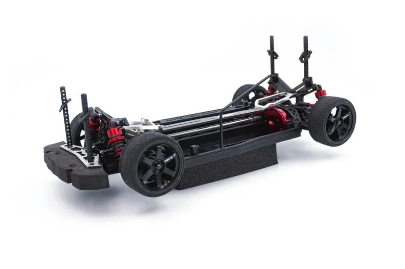 Koswork RC car chassis KOS32202-18 black with red suspension, on foam block, alloy parts visible