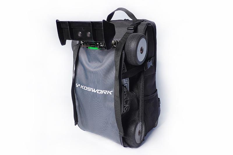 Koswork RC car pit bag KOS32213BK-21, black, with mesh pockets, durable fabric, compact design.