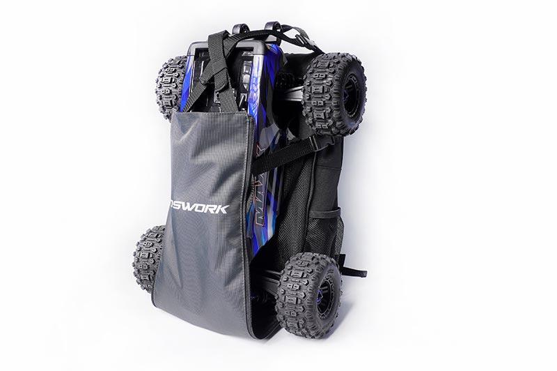 Koswork RC car carrying bag KOS32213BK in black, holding a medium-size RC truck