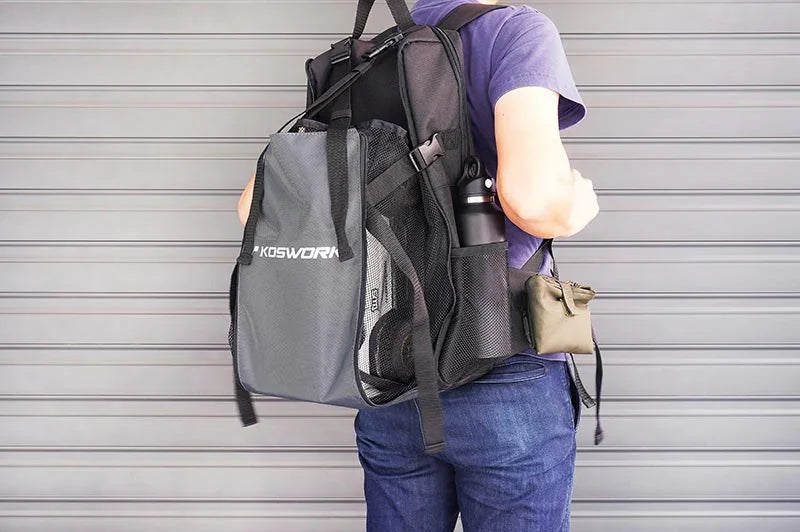 Koswork KOS32213BK RC car pit bag, large black backpack with mesh pockets, on shoulder