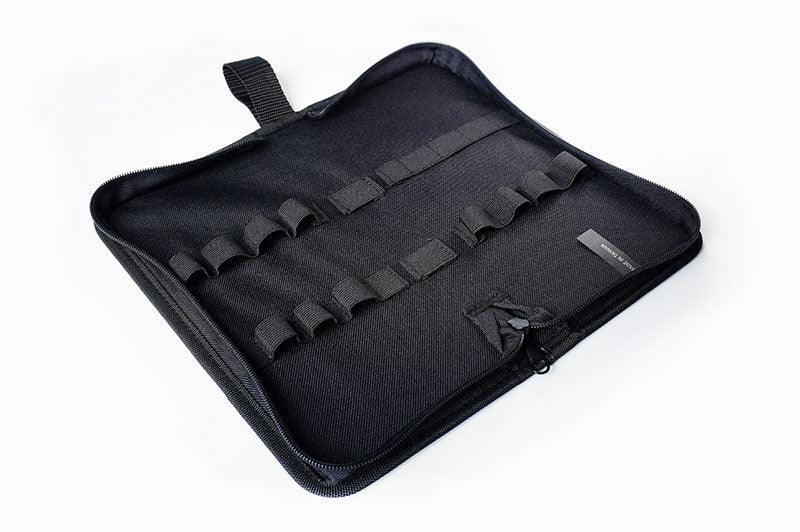 Black RC tool organizer case open with elastic loops for storage, zippered soft pouch