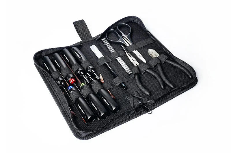 RC hobby tool kit with screwdrivers, pliers, scissors, and accessories in a zippered case