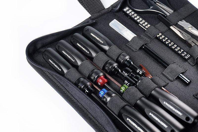 RC tool kit with precision screwdrivers, pliers, and hex drivers in a black case