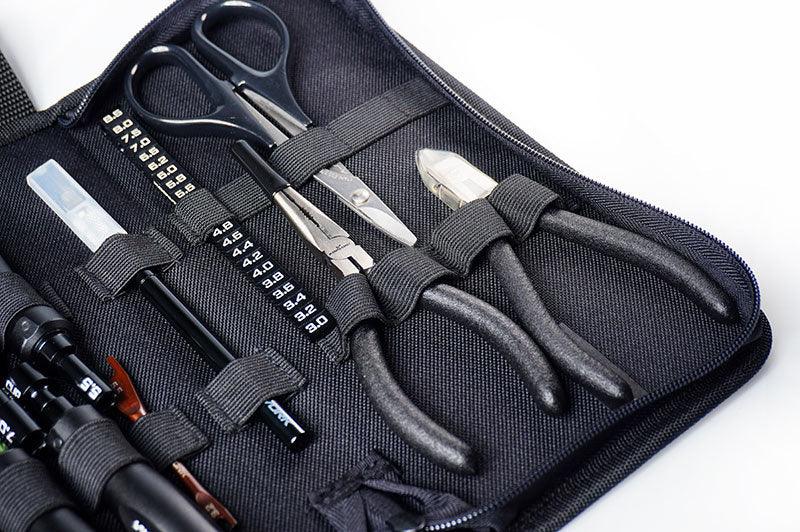 RC tool kit with pliers, scissors, screwdriver and accessories in a black zippered case