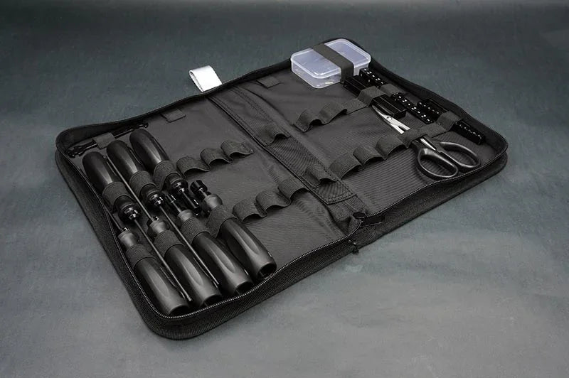 Koswork RC tool bag KOS32215, black zippered case with RC car tools and accessories inside.