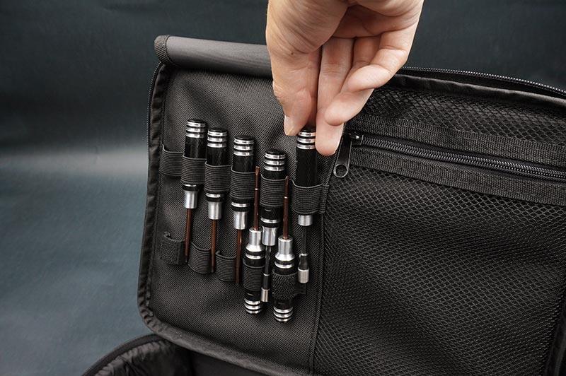 Koswork RC tool bag KOS32216-8 with black pockets, mesh zipper section, and tool storage