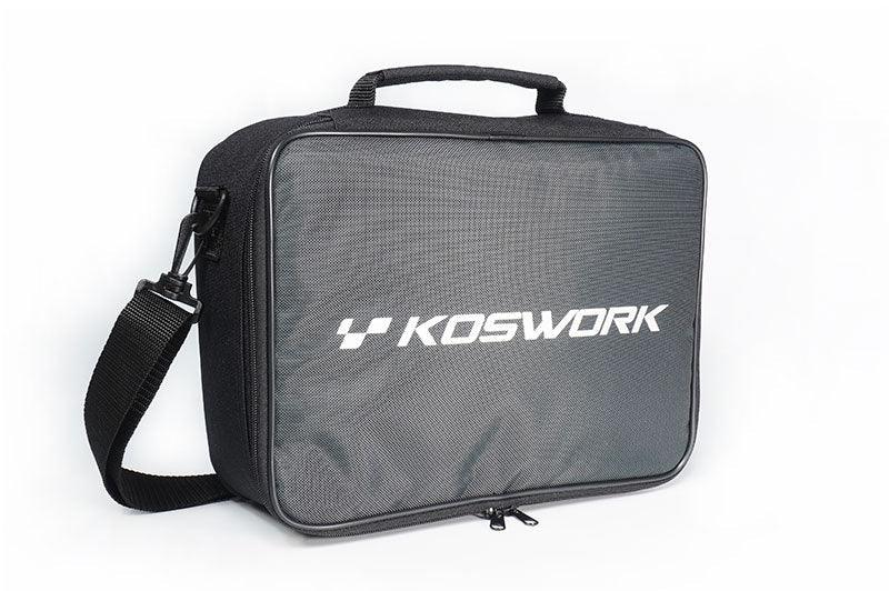 Black Koswork RC pit bag with shoulder strap and top handle on white background