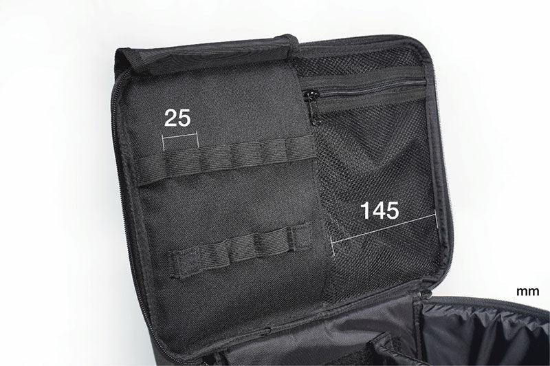 RC tool bag interior with mesh zip pocket, elastic tool loops, and size measurements in mm