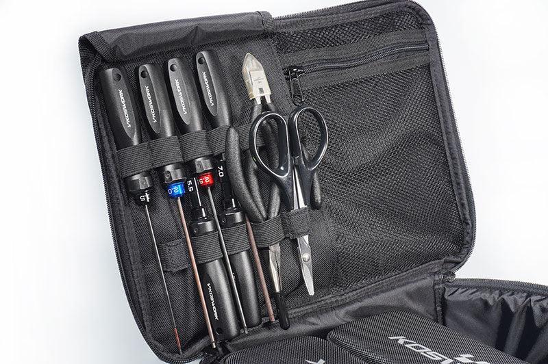 RC model tool kit with screwdrivers, pliers, scissors, and organized black carrying case