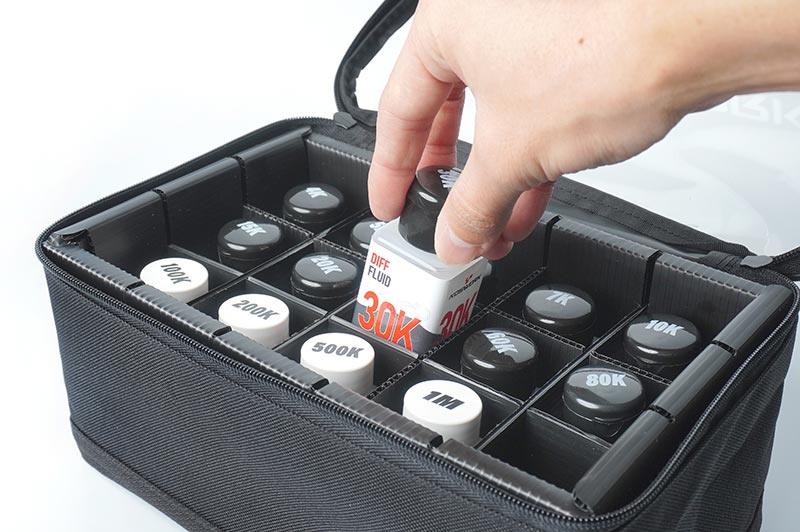 Koswork RC diff oil storage bag KOS32227, black fabric case with labeled oil bottles.