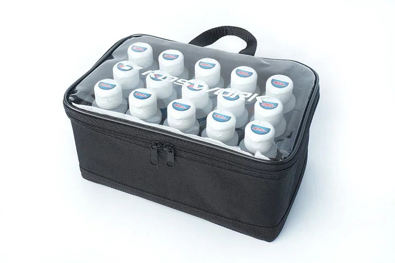 Koswork RC oil bottle bag KOS32227, black fabric, clear top, holds 16 bottles, RC accessory organizer