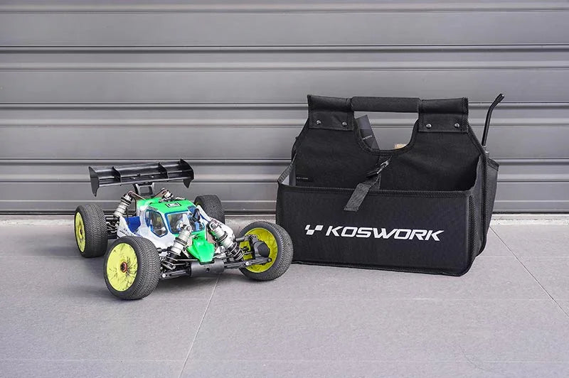 Koswork RC car pit bag KOS32236V2, black fabric, large size, beside 1/8 scale buggy model