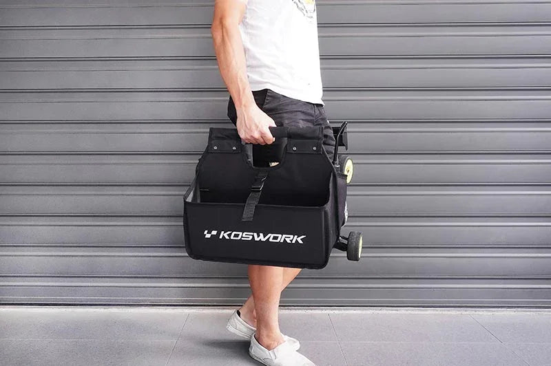 Koswork black RC car pit bag KOS32236V2-12 with wheels, durable fabric, carried by hand