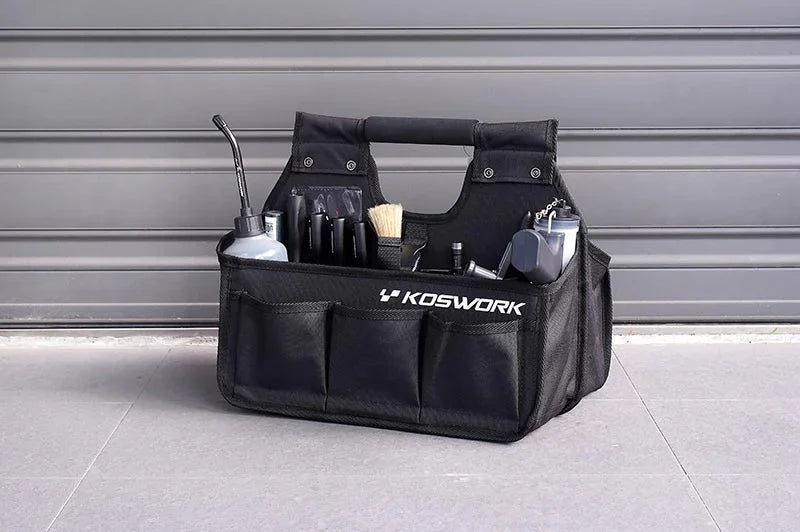 Koswork large black RC pit bag KOS32236V2 with tools and accessories, durable fabric, multiple pockets.