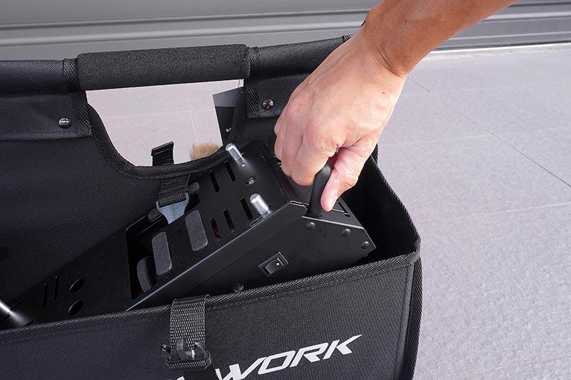Koswork black RC pit bag carrying metal RC car tool box, side view, KOS32236V2-6 logo visible.